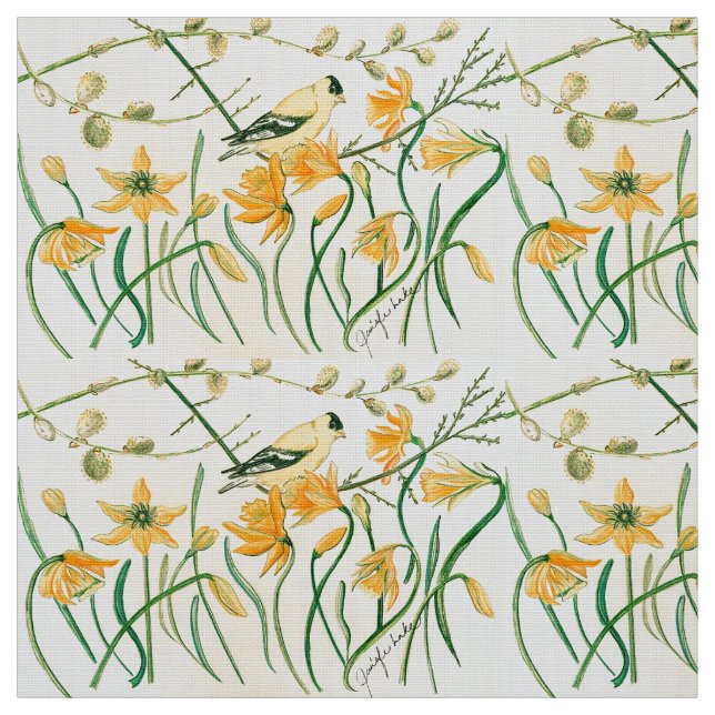 Tela Daffodils y Goldfinches Fabric (Retal)