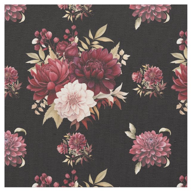 Tela Dahlias de Borgoña en negro (De cerca)
