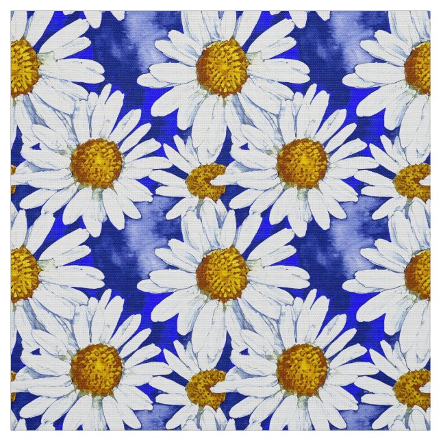Tela Daisies acuarelas sobre el azul denim (Retal)