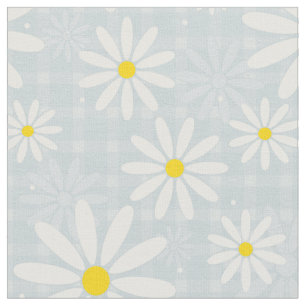 Tela Daisies en la plaga de gingham azul pálido