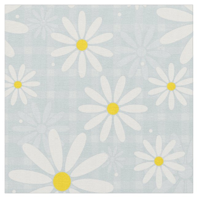 Tela Daisies en la plaga de gingham azul pálido (De cerca)