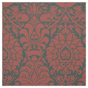 Tela Damasco con leones, rojo oscuro sobre negro