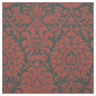 Tela Damasco con leones, rojo oscuro sobre negro