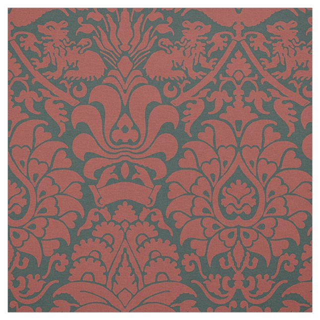 Tela Damasco con leones, rojo oscuro sobre negro (Retal)