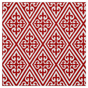 Tela Damasco de la Cruz Medieval - Blanco y rojo profun