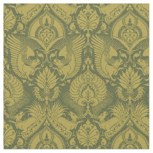 Tela Damasco de moda con animales, oro en verde