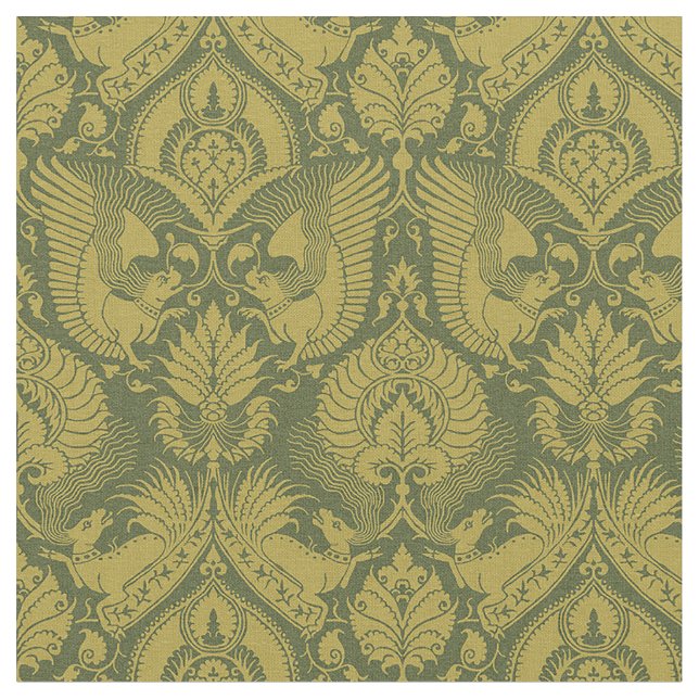 Tela Damasco de moda con animales, oro en verde (De cerca)