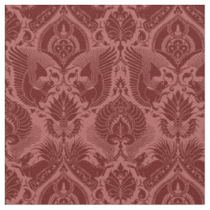 Tela Damasco de moda con animales, rojo oscuro