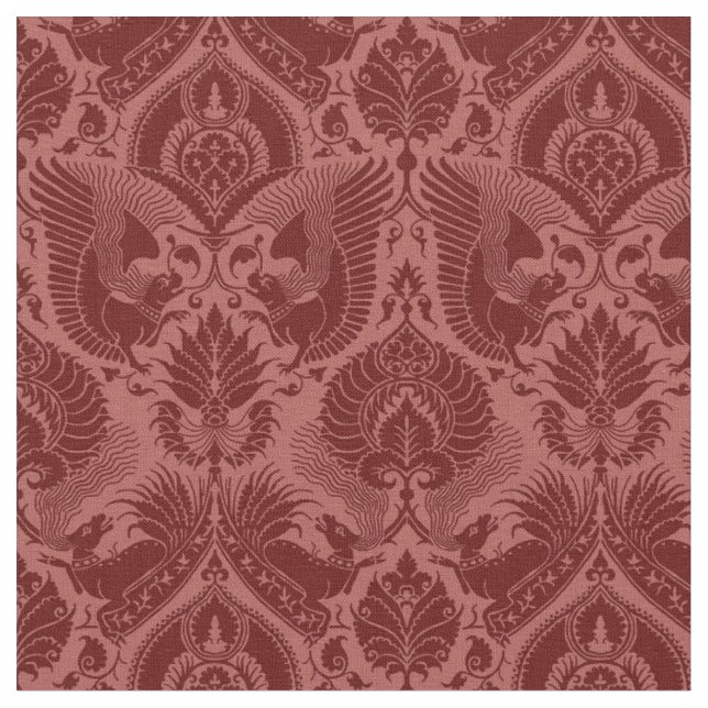 Tela Damasco de moda con animales, rojo oscuro (De cerca)