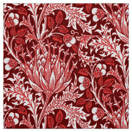 Tela Damasco de William Morris, rojo oscuro y blanco