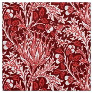 Tela Damasco de William Morris, rojo oscuro y blanco