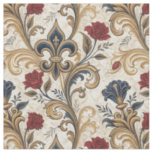 Tela Damasco Floral Barroco de Oro Fleur-de-Lis y Rosas