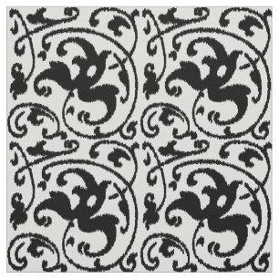 Tela Damasco floral de Ikat - blanco y negro