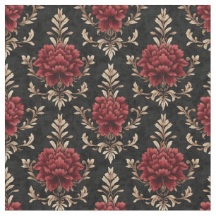 Tela Damasco floral de marfil y rojo en negro