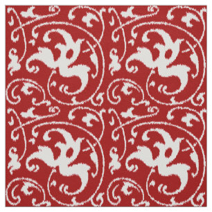 Tela Damasco floral Ikat - Blanco y rojo oscuro