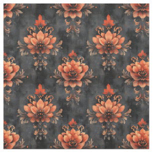 Tela Damasco floral naranja sobre negro angustiado