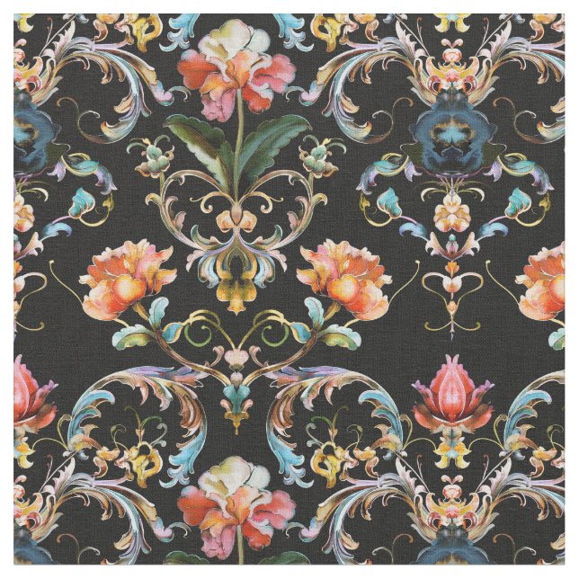 Tela Damasco floral negro barroco (De cerca)