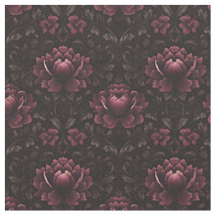 Tela Damasco floral rosado oscuro sobre negro
