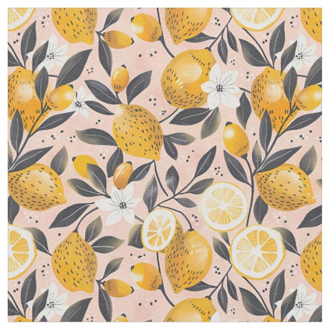 Tela de Algodón con Estampado de Limón Amarillo (De cerca)