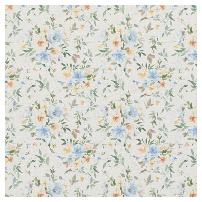 Tela de Algodón con Estampado Floral Azul Amarillo (De cerca)