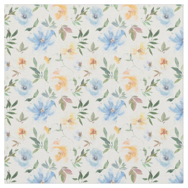 Tela de Algodón con Estampado Floral Azul Amarillo (De cerca)