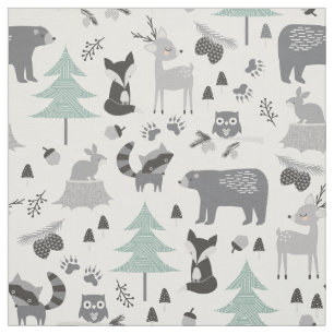 Tela de animales de bosque Verde azulado y gris