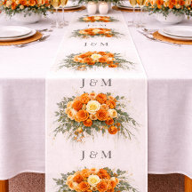Tela de boda floral naranja elegante con monograma