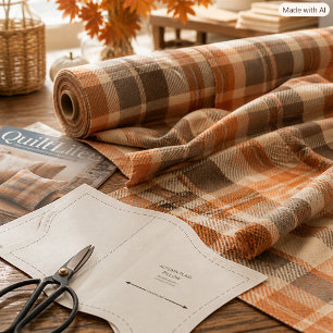 Tela de cuadros naranja beige marrón con ambiente