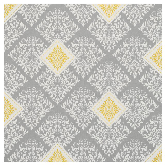 tela de Damasco gris amarillo barroco ornamental (Retal)