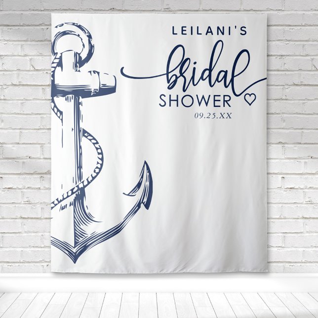 Tela de ducha de boda ancla náutica blanca (White nautical navy anchor bridal shower backdrop perfect for photo ops at a beach them shower)