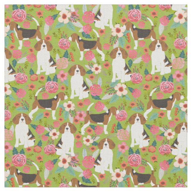 Tela de flores beagles - Verde (De cerca)