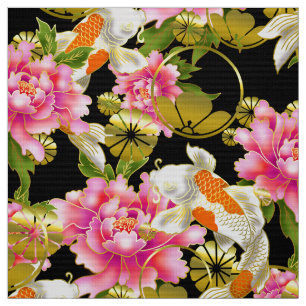 Tela de patrón japonés con Koi, flores y mon