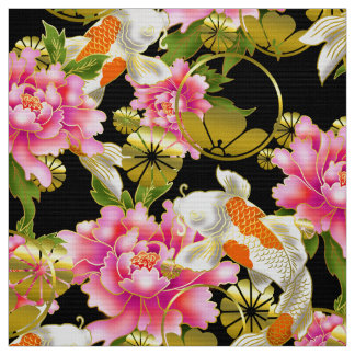 Tela de patrón japonés con Koi, flores y mon