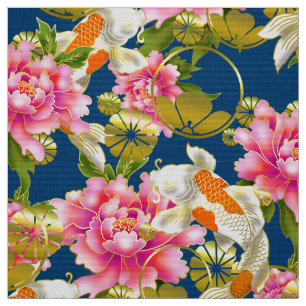 Tela de patrón japonés con Koi, flores y mon