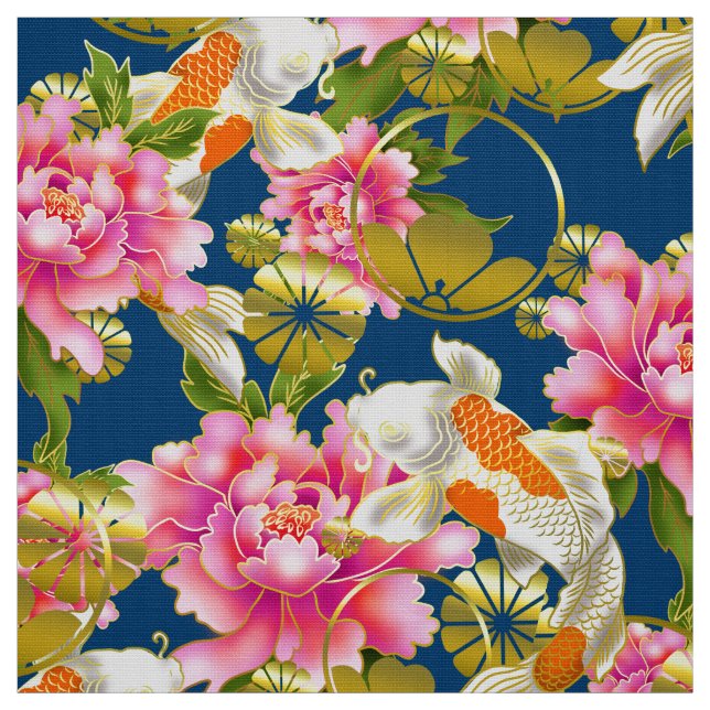 Tela de patrón japonés con Koi, flores y mon (Retal)