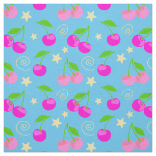 Tela Decora Kei Cute patrón de cereza en azul