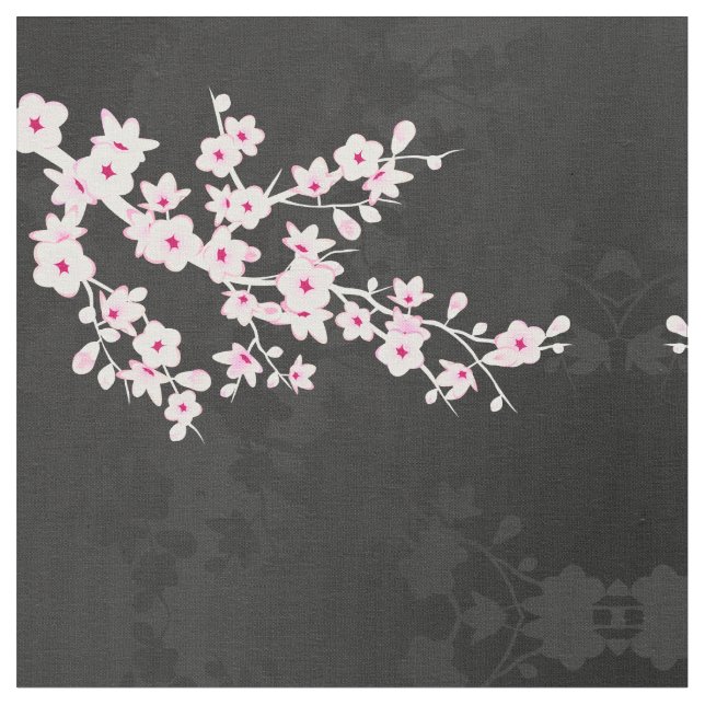 Tela del patrón de flor de cerezo negro rosa (De cerca)