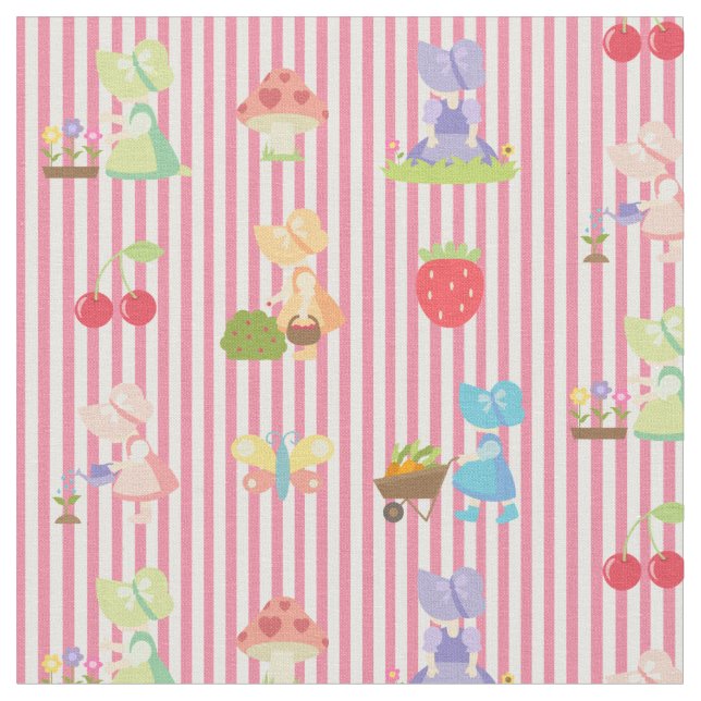 Tela Demanda de Sunbonnet en raya rosa/blanca pastel (De cerca)