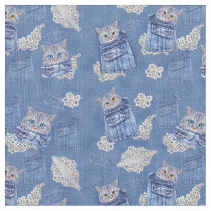 Tela Denim Jeans con gatitos y repitiendo encaje