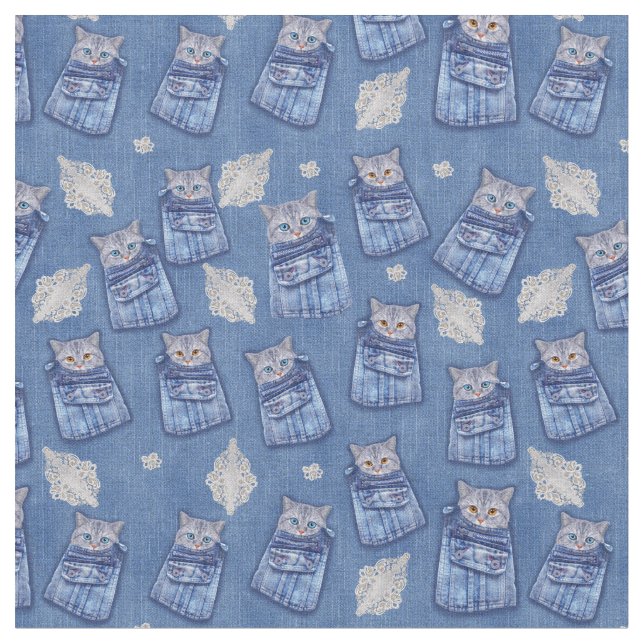 Tela Denim textured Kitten Fun Seamless Repeats (De cerca)