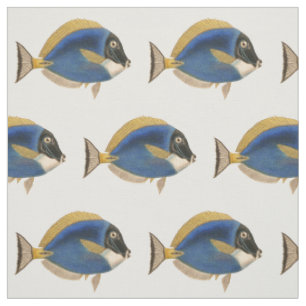 Tela Dibujo de pez tropical vintage azul dorado