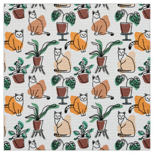 Tela Dibujo en línea de gatos y flores