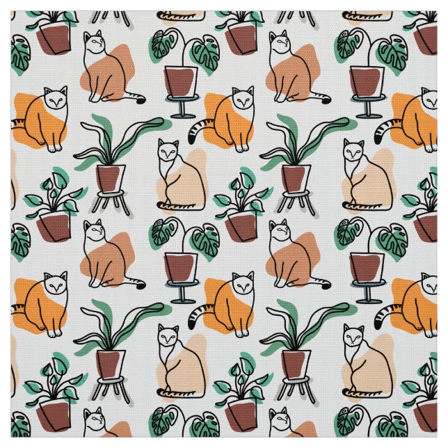 Tela Dibujo en línea de gatos y flores (Retal)