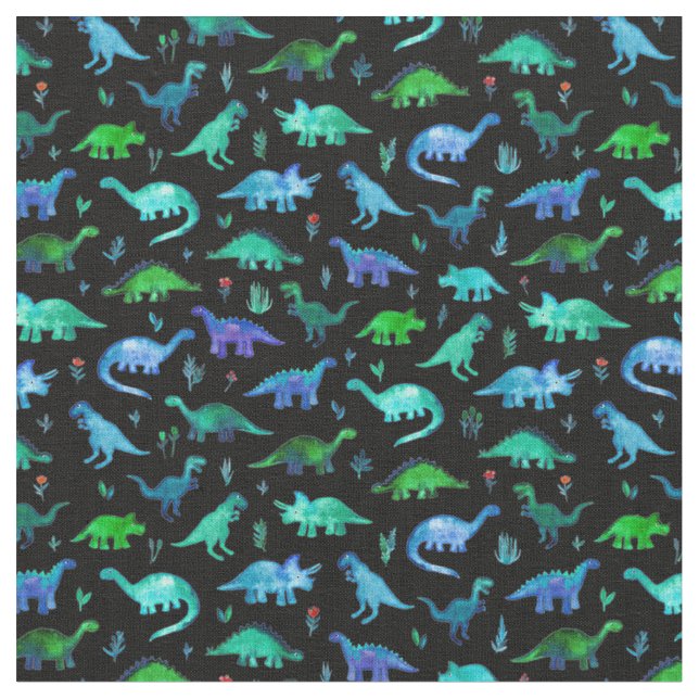 Tela Dinos extra pequeños en azul y verde en negro (De cerca)