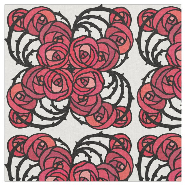 Tela Diseño Art Nouveau Floral rojo y rosa negro (De cerca)