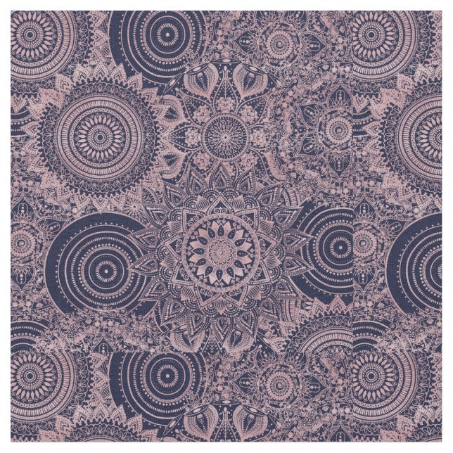 Tela Diseño azul de la colección Mandala dorada Rosa (De cerca)