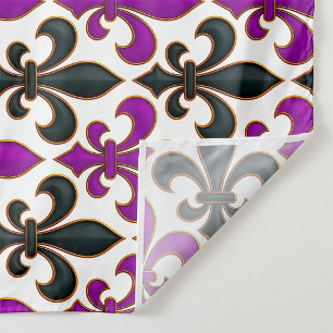 Tela Diseño de patrón barroco de flor de lis negro púrp