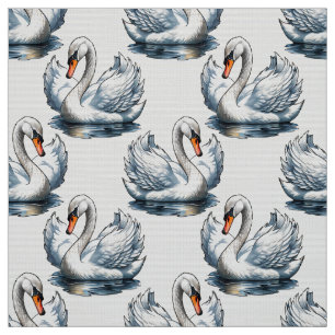 Tela Diseño de patrón de aves cisne en blanco
