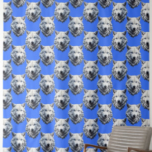 Tela Diseño de patrón de cabeza de lobo blanco azul