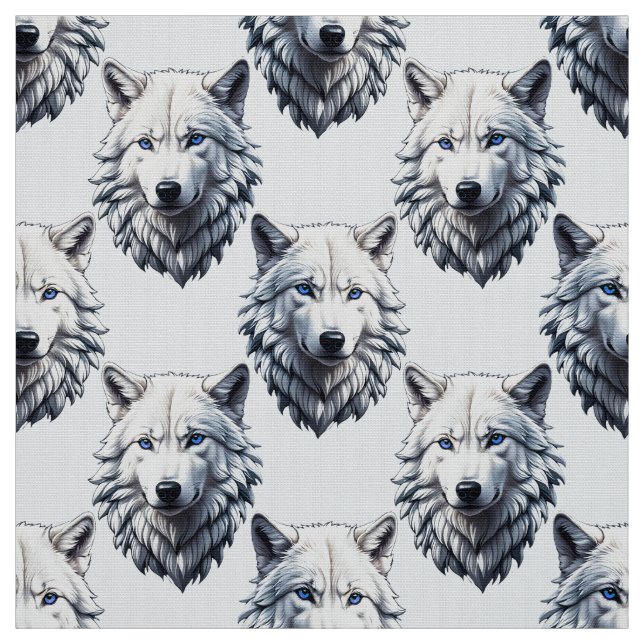 Tela Diseño de patrón de cabeza de lobo blanco - Blanco (Retal)